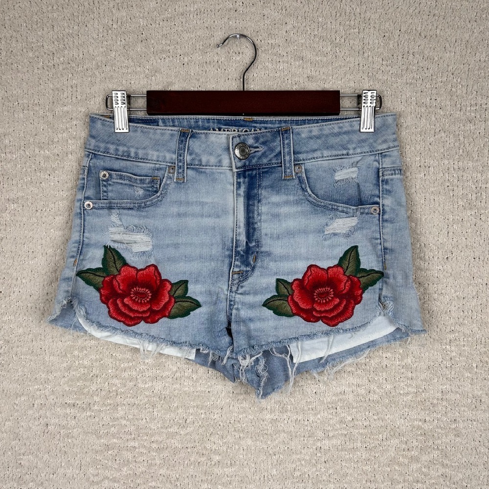 American Eagle Cut Off Shorts Womens 6 Blue Denim Floral Hi Rise Shortie Stretch